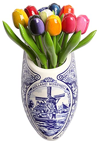 MomoMoments Tulpenstrauß aus Holz in einem Delfter Blauen Holzschuh (Clog), 9 Holztulpen, 21 cm hoch, handbemalt, Blumenstrauß, Dekoration, Holzblumen, Made in Holland von MomoMoments