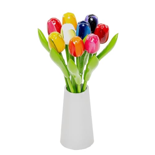 MomoMoments Holztulpen, Holzblumen, Holzdekoration, Holz-Kunstblumen, 9 Tulpen in Holzvase Design weiß, 21 cm, Dekoration, Geschenk, Multicolor von MomoMoments