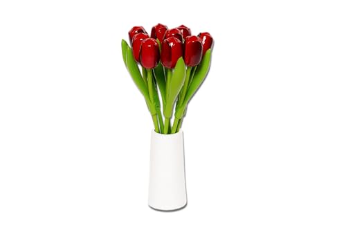 MomoMoments Holztulpenstrauß Rot/Aubergine incl. weißer Holzvase, 9 Holztulpen, 34 cm hoch, handbemalt, Blumenstrauß, Holzblumen, Frauengeschenk, Made in Holland von MomoMoments