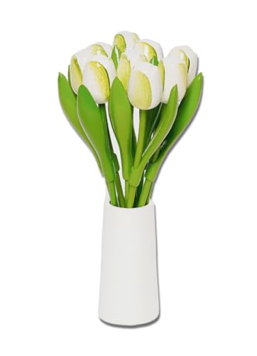 MomoMoments Holztulpenstrauß Weiß/Grün incl. weißer Holzvase, 9 Holztulpen, 34 cm hoch, handbemalt, Blumenstrauß, Holzblumen, Frauengeschenk, Made in Holland von MomoMoments