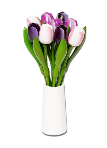 MomoMoments Holztulpenstrauß weiß/aubergine/lila incl. weißer Holzvase, 9 Holztulpen, 34 cm hoch, handbemalt, Blumenstrauß, Holzblumen, Frauengeschenk, Made in Holland von MomoMoments