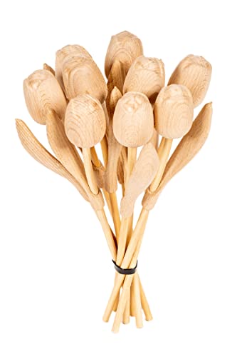 MomoMoments Holztulpenstrauß, Holzblumen, Holzdekoration, Holz-Kunstblumen, 9 Holztulpen, 34 cm, geschliffen, Blumenstrauß, Dekoration, Geschenk, naturbelassen von MomoMoments