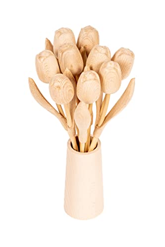 MomoMoments Holztulpenstrauß, Holzblumen, Holzdekoration, Holz-Kunstblumen, 9 Holztulpen, 34 cm, geschliffen, Blumenstrauß, Dekoration, Geschenk, naturbelassen von MomoMoments