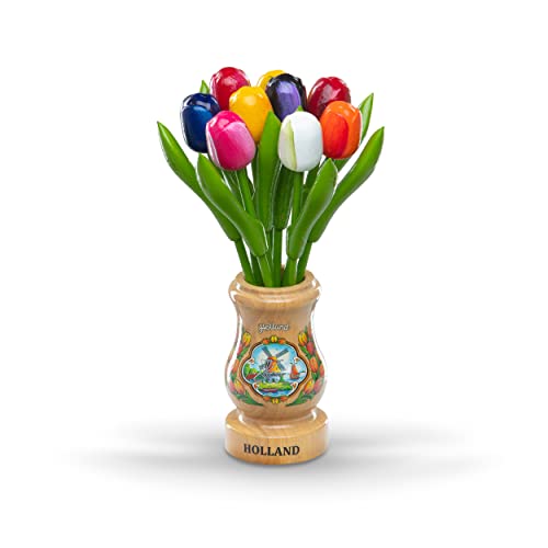 MomoMoments Holztulpen, Holzblumen, Holzdekoration, Holz-Kunstblumen, 9 Tulpen in Holzvase Retro Natur Holland, 21 cm, Dekoration, Geschenk, Multicolor von MomoMoments