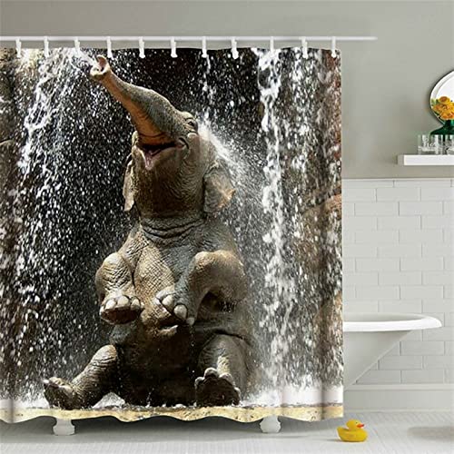 Momooda Anti Schimmel Duschvorhang Elefantenmuster, Wasserdicht Waschbar Duschvorhänge mit beschwertem Saum und Haken für Badezimmer, Lustiger Elefant, 180x200 von Momooda