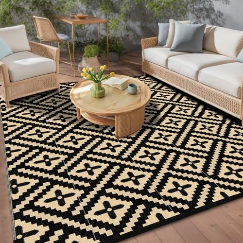 Momooda Outdoor Teppich Geometrie Plastikstroh, Anti-UV-Schutz, Umkehrbarer Terrassenteppich Waschbar, Wasserdichter Camping Garten Outdoor Teppich für Balkon, Wohnmobil, Schwarz beige, 274x365cm Momooda Outdoor Teppich Geometrie Plastikstroh, Anti-UV-Schutz, Umkehrbarer Terrassenteppich Waschbar, Wasserdichter Camping Garten Outdoor Teppich für Balkon, Wohnmobil, Schwarz beige, 274x365cm von Momooda