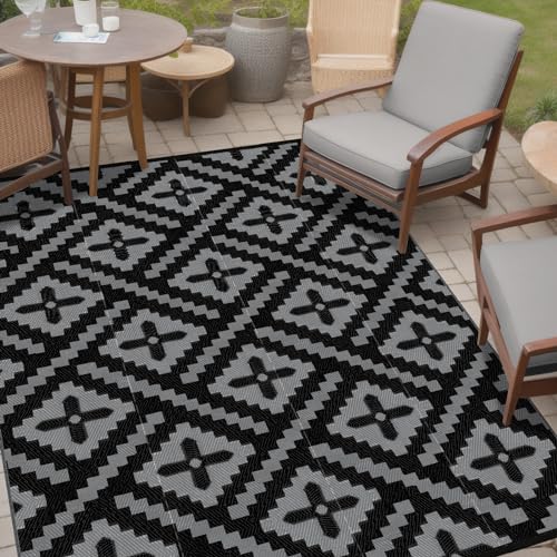 Momooda Outdoor Teppich Geometrie Plastikstroh, Anti-UV-Schutz, Umkehrbarer Terrassenteppich Waschbar, Wasserdichter Camping Garten Outdoor Teppich für Balkon, Wohnmobil, Schwarz grau, 180x270cm Momooda Outdoor Teppich Geometrie Plastikstroh, Anti-UV-Schutz, Umkehrbarer Terrassenteppich Waschbar, Wasserdichter Camping Garten Outdoor Teppich für Balkon, Wohnmobil, Schwarz grau, 180x270cm von Momooda