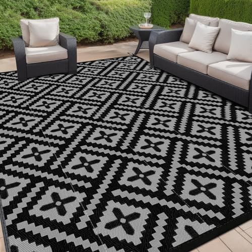 Momooda Outdoor Teppich Geometrie Plastikstroh, Anti-UV-Schutz, Umkehrbarer Terrassenteppich Waschbar, Wasserdichter Camping Garten Outdoor Teppich für Balkon, Wohnmobil, Schwarz grau, 274x365cm Momooda Outdoor Teppich Geometrie Plastikstroh, Anti-UV-Schutz, Umkehrbarer Terrassenteppich Waschbar, Wasserdichter Camping Garten Outdoor Teppich für Balkon, Wohnmobil, Schwarz grau, 274x365cm von Momooda