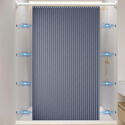 Momooda Wasserdichter Faltbarer Duschvorhang aus Leinen, Duschvorhang Magnet Spritzwassergeschützt, Duschvorhang Anti Schimmel, Grau Blau, 180x200cm von Momooda