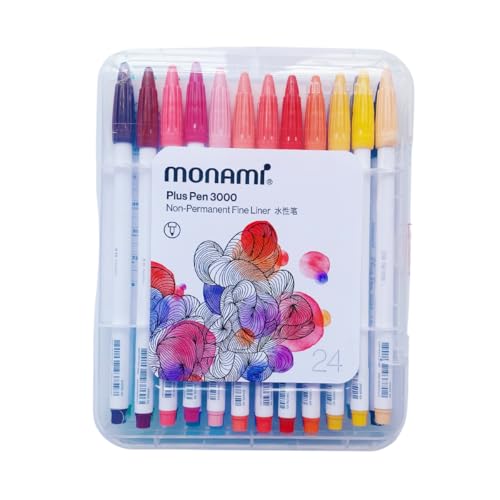 Monami Plus Pen 3000 | Set mit 24 feinen Spitzen | Tinte auf Wasserbasis | verschiedene Farben | Hartplastiketui | zum Schreiben und Zeichnen von Monami
