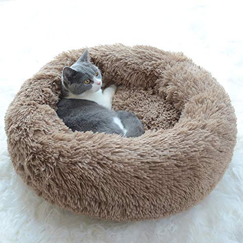 Großes Katzenbett mit hoher Seite, Kunstfell, Schlafsack, Donut, tief, schlafend, für mittelgroße und große Katzen von Monba