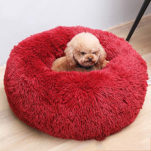 Monba Hundebett, rundes Tierbett für Hunde, in Doughnut-Form, Abnehmbarer Bezug, mit Kissen, flauschig Hundesofa, Waschbar Haustierbett für Hunde und Katzen-60cm-Rot von Monba