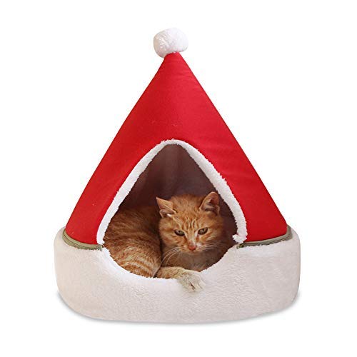 Monba Katzenhöhlenbett mit Weihnachtsmotiv, bequemes Katzen-Nest-Haus, weich, warm, für den Winter, Baumform, Haustier-Katzen-Unterschlupfhaus, halbgeschlossenes Katzenhaus in Rot, Größe M: 43 x 43 x von Monba