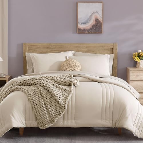 Monbix Komplettes Bettdecken-Set, 7-teilig, volle Größe, warme Bettdecken, Bett in Einer Tasche, voll mit Laken, Kissenbezügen und Kissenbezügen (Apricot Beige, Full, 203 x 228 cm) von Monbix