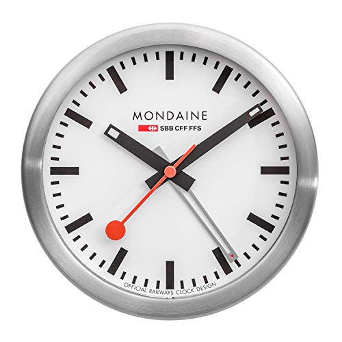Mondaine - Wecker A997.MCAL.16SBB Tischuhr 125mm - Bahnhofsuhr aus Aluminium mit rotem Sekundenzeiger staubbeständig - Hergestellt in der Schweiz von Mondaine