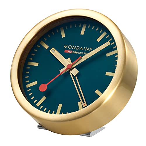 Mondaine Mini Wanduhr und Wecker mit Gehäuse aus Aluminium in Gold, Zifferblattfarbe: Tiefseeblau, Durchmesser: 12.5 cm, A997.MCAL.46SBG von Mondaine