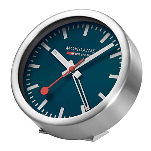 Mondaine Mini Wanduhr und Wecker mit Gehäuse aus Aluminium in Silber, Zifferblattfarbe: Tiefseeblau, Durchmesser: 12.5 cm, A997MCAL46SBV von Mondaine