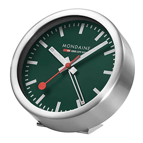 Mondaine Mini Wanduhr und Wecker mit Gehäuse aus Aluminium in Silber, Zifferblattfarbe: Waldgrün, Durchmesser: 12.5 cm, A997MCAL66SBV von Mondaine