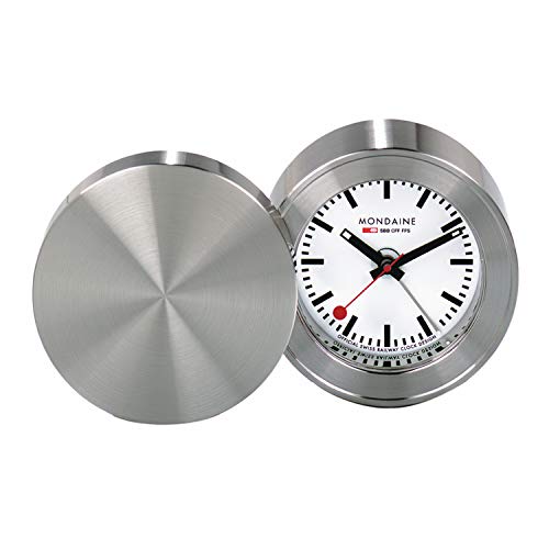 Mondaine - Wecker MSM.64410 Tischuhr 50mm - Bahnhofsuhr aus Messing gehärtetes Mineralglas staubbeständig mit rotem Sekundenzeiger - Tisch Uhr - Hergestellt in der Schweiz von Mondaine