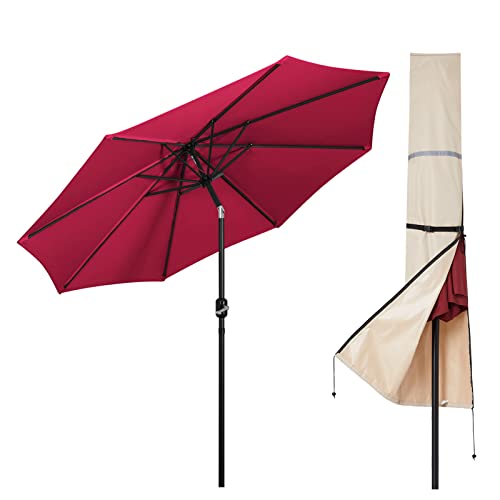 Mondeer 300 cm Sonnenschirm mit Abdeckung, Gartenschirm Kippbar Schatten mit Kurbel UV Schutz, für Outdoor Garten Balkon Terrasse Strand, Rot von Mondeer