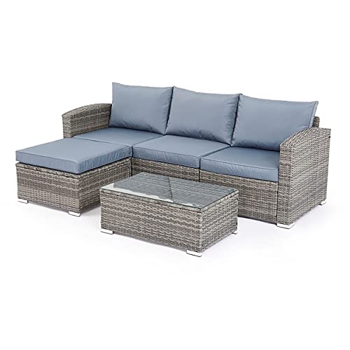 Mondeer 5-TLG Polyrattan Gartenmöbel Set, Gartengarnitur Garten-Set Sitzgruppe, Modulare Kombination, Grau, Terrasse, Abnehmbares, Waschbares Kissen, Gehärtetes Glastisch, Garden Set Balcony Set von Mondeer