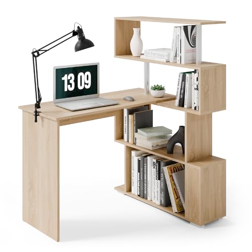 Mondeer Computertisch L-Förmig, Eckschreibtisch, mit 360 Grad Drehbarem Bücherregal für Arbeitszimmer Wohnzimmer Büro 157 x 45 x 130,5 cm, Eiche von Mondeer