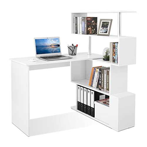 Mondeer Computertisch L-Förmig, Eckschreibtisch, mit 360 Grad Drehbarem Bücherregal für Arbeitszimmer Wohnzimmer Büro 157 x 45 x 130,5 cm, Weiß von Mondeer