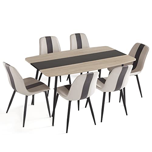 Mondeer Essgruppe, Moderner Esstisch und Polsterstuhl 6 mit Metallbeinen für Esszimmer Küche Wohnzimmer, B150 x H76,5 x T85 cm, Eiche von Mondeer