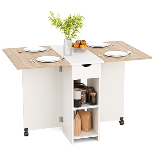 Mondeer Esstisch Klappbar, Küchentisch mit 1 Schublade und 2 Ablagen für 2-4 Personen, Klapptisch Esszimmertisch mit Rollen für Kleine Räume, Esszimmer, Küche, 72 x 120 x 75 cm, Eiche und Weiß Mondeer Esstisch Klappbar, Küchentisch mit 1 Schublade und 2 Ablagen für 2-4 Personen, Klapptisch Esszimmertisch mit Rollen für Kleine Räume, Esszimmer, Küche, 72 x 120 x 75 cm, Eiche und Weiß von Mondeer