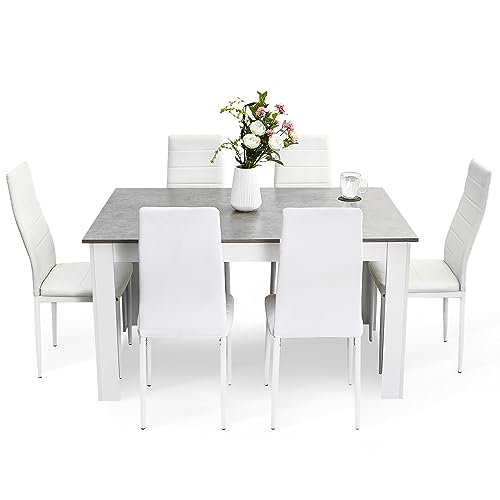 Mondeer Esstisch mit 6 Stühlen Set, Essgruppe mit Hochlehner Kunstleder Stuhl für Küche Esszimmer Wohnzimmer, W138 x D90 x H75 cm, Weiß und Grau von Mondeer