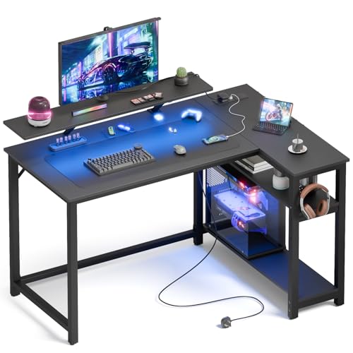 Mondeer Gaming Tisch L Form mit LED, 120 x 90 cm Reversibel Schreibtisch mit 2 Steckdosen und 2 USB Ladeanschluss, Eckschreibtisch mit Regal & Haken, für Büro Heimbüro, Carbon Schwarz von Mondeer