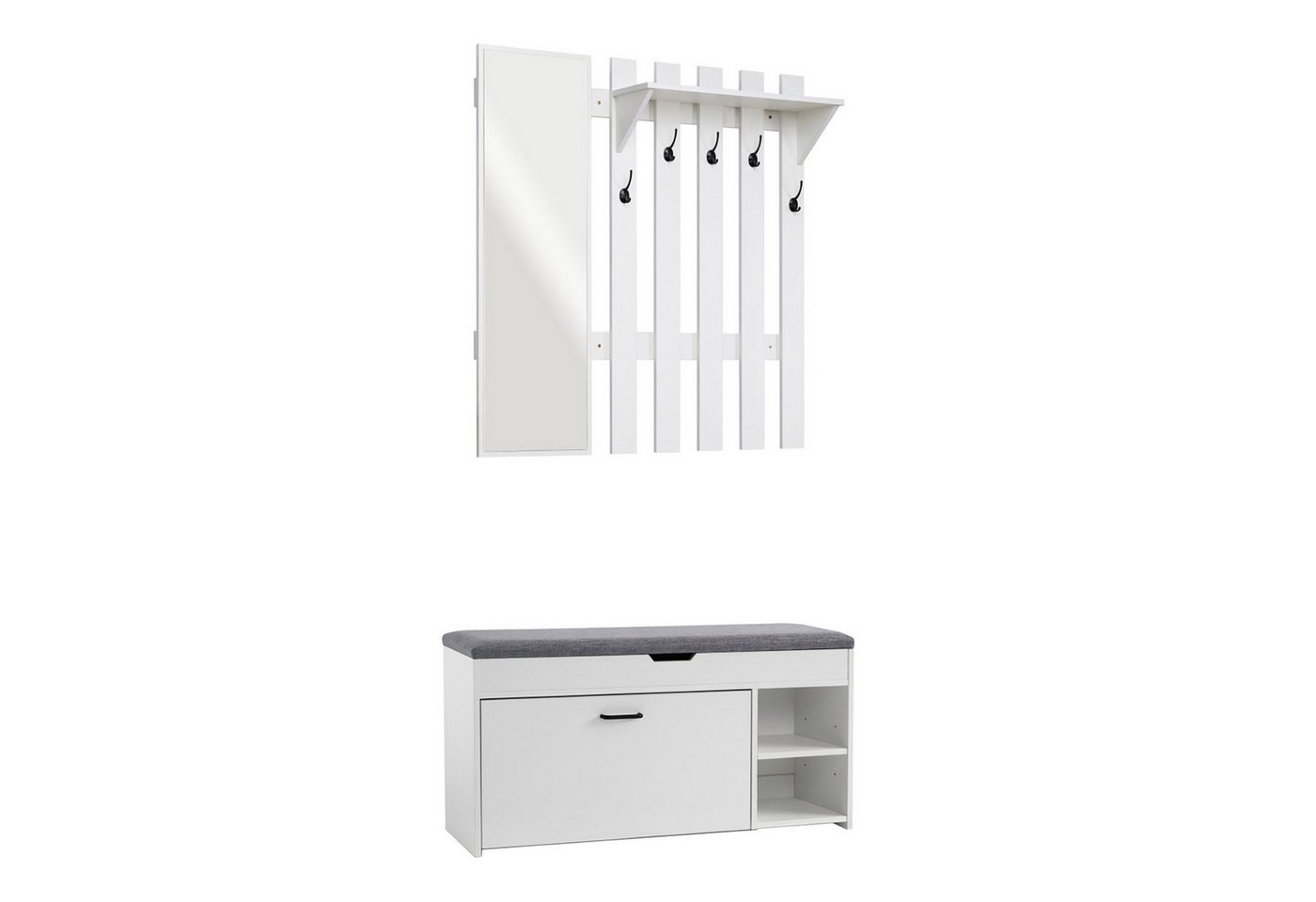 Mondeer Garderoben-Set (2-St), Garderobe mit Schuhbank, Garderobenpaneel mit Spiegel und 5 Haken von Mondeer