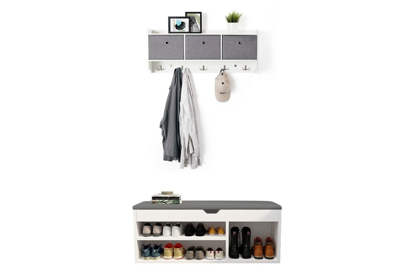 Mondeer Garderoben-Set (2-St), Garderobe mit Schuhbank, mit Stoff-Schublade und 5 Haken, mit Sitzfläche, Weiß von Mondeer
