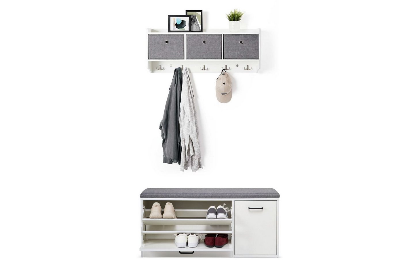 Mondeer Garderoben-Set (2-St), Garderobe mit Schuhbank, mit Stoff-Schublade und 5 Haken, mit Sitzfläche, Weiß von Mondeer