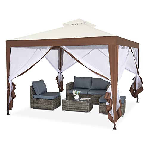 Mondeer Gartenpavillon 3x3m, Doppeldach Gartenlaube Pavillon mit 4 Moskitonetze Seitenteilen für Schatten und Regen, Metall Gestell Stabil, Beige und Braun von Mondeer