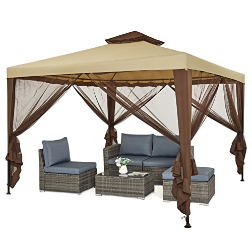Mondeer Gartenpavillon 3x3m, Doppeldach Gartenlaube Pavillon mit 4 Moskitonetze Seitenteilen für Schatten und Regen, Metall Gestell Stabil, Khaki von Mondeer