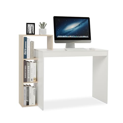 Mondeer Kleiner Schreibtisch, Moderner Computertisch mit 3-stöckiges Regal, Platzsparend, 110 x 40 x 92 cm, Geeignet für Heimbüro Arbeitszimmer Kleiner Platz, Weiß und Eichefarben von Mondeer