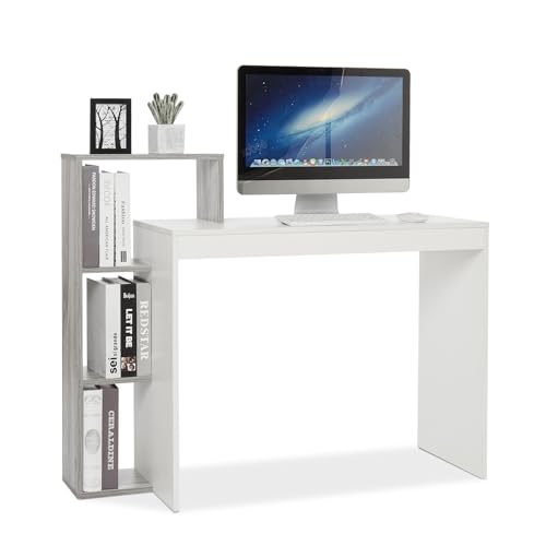 Mondeer Kleiner Schreibtisch, Moderner Computertisch mit 3-stöckiges Regal, Platzsparend, 110 x 40 x 92 cm, Geeignet für Heimbüro Arbeitszimmer Kleiner Platz, Weiß und Grau von Mondeer