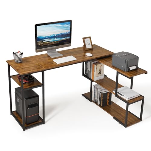 Mondeer Computertisch L-Förmig, Eckschreibtisch mit 360 Grad Drehbarem Bücherregal und 2 Ablagen, Platzsparender für Arbeitszimmer Wohnzimmer Büro, 135.5 x 110 x 75.5 cm, Vintage Braun von Mondeer