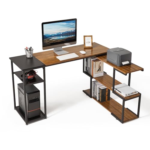 Mondeer Computertisch L-Förmig, Eckschreibtisch mit 360 Grad Drehbarem Bücherregal und 2 Ablagen, Platzsparender für Arbeitszimmer Wohnzimmer Büro, 135.5 x 110 x 75.5 cm, Vintage Braun und Schwarz von Mondeer