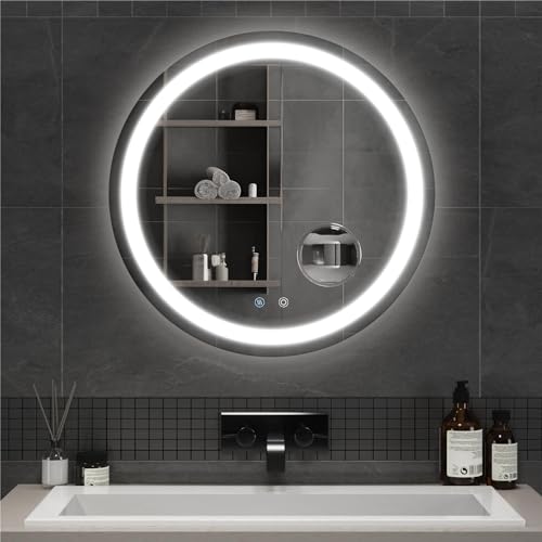 Mondeer LED Badspiegel Rund 60cm, Badezimmerspiegel mit Beleuchtung Touch Schalter Anti-Beschlag und 5X Lupe, 3 Lichtfarbe Dimmbar für Badezimmer (3000K- 6500K) von Mondeer