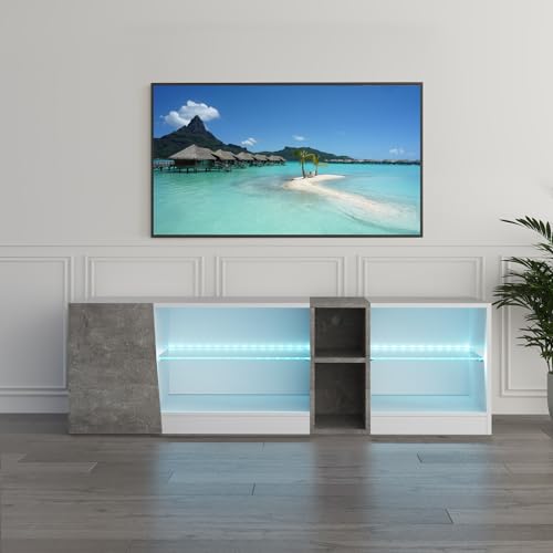 Mondeer LED TV Schrank, Spanplatte der Klasse E1, Gehärtetes Glas, Weiß und Grau, B140 x H45 x T37,5 cm von Mondeer