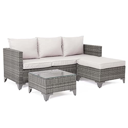 Mondeer Rattan Gartenmöbel Sets, Sitzgruppe Polyrattan Lounge Sets 4-teiliges Set, Modulare Kombination, Grau, Terrasse, Abnehmbares, Waschbares Kissen, Gehärtetes Glastisch, Garden Set Balcony Set von Mondeer