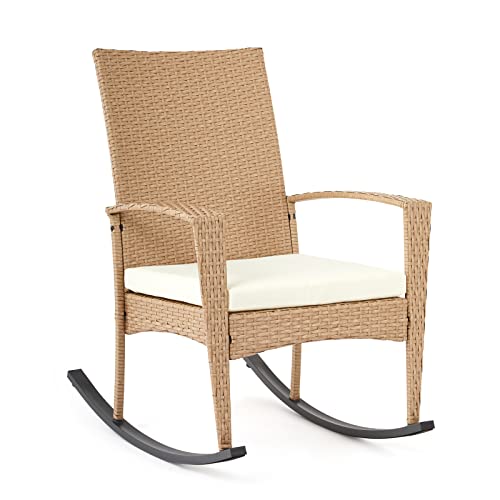 Mondeer Garten Schaukelstuhl, Outdoor GartenStuhl Schwingsessel mit Kissen Abnehmbares und Armlehnen, Polyrattan, für Garten Balkon Terrasse, Beige, 57 x 85 x 96 cm von Mondeer