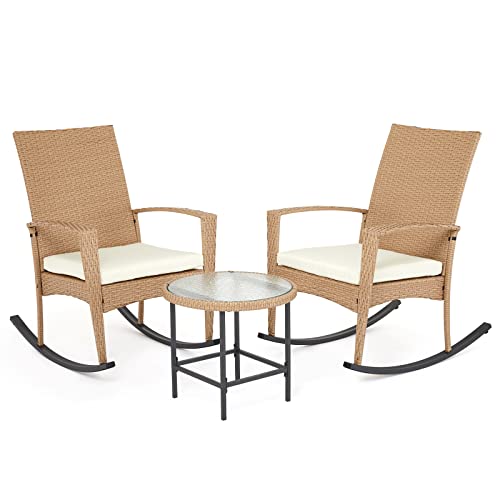 Mondeer Rattan Schaukelstuhl Set, Balkonmöbel Set 3 teilig mit 1 Couchtisch und 2 Schaukelstühle mit Kissen Abnehmbares und Armlehnen, Gartenmöbel Set für Garten Balkon Terrasse, Beige von Mondeer