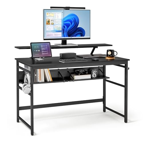 Mondeer Schreibtisch, Computertisch mit Langer Monitorständer und 2 Ablagen, Platzsparender für Arbeitszimmer Wohnzimmer Büro, 120 x 60 x 90 cm, Schwarz von Mondeer