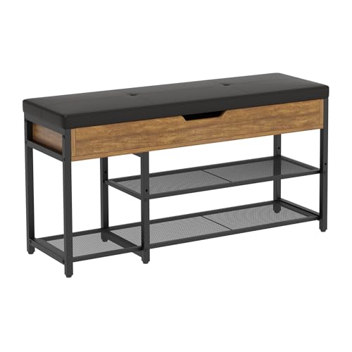 Mondeer Schuhbank mit Gepolstertem Sitzfläche, Schuhregal mit 2 verstellbares Gitterablagen Stauraum unter dem Deckel Industriestil für Flur Eingang Schlafzimmer, 96 x 30 x 50 cm, Vintagebraun-schwarz von Mondeer