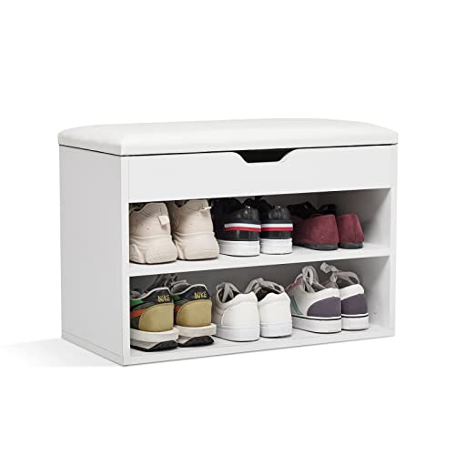 Mondeer Schuhbank, Schuhbank mit Sitzfläche aus Holz, 60 x 30 x 43 cm Schuhregal mit Sitzbank für 8 Paar Schuhe, Weiß Mondeer Schuhbank, Schuhbank mit Sitzfläche aus Holz, 60 x 30 x 43 cm Schuhregal mit Sitzbank für 8 Paar Schuhe, Weiß von Mondeer