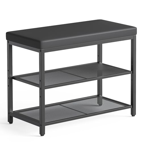 Mondeer Schuhbank mit Gepolsterter Sitzfläche, Schuhregal mit 2 Gitterablagen Höhenverstellbar Platzsparend Industriestil, für Eingang Flur Schlafzimmer, 60 x 30 x 50 cm, Schwarz von Mondeer