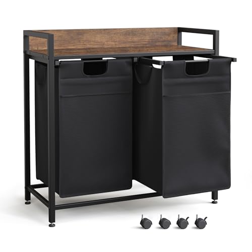 Mondeer Wäschekorb 2 Fächer, Wäschesammler mit Ablage und 2 Herausziehbaren Abnehmbaren Wäschesäcken, Metallgestell Wäschebox mit Fronttasche Geeignet für Schlafzimmer und Badezimmer, 2x50L von Mondeer